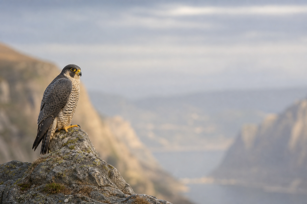 Peregrine falcon perched on a rocky cliff in its natural habitat