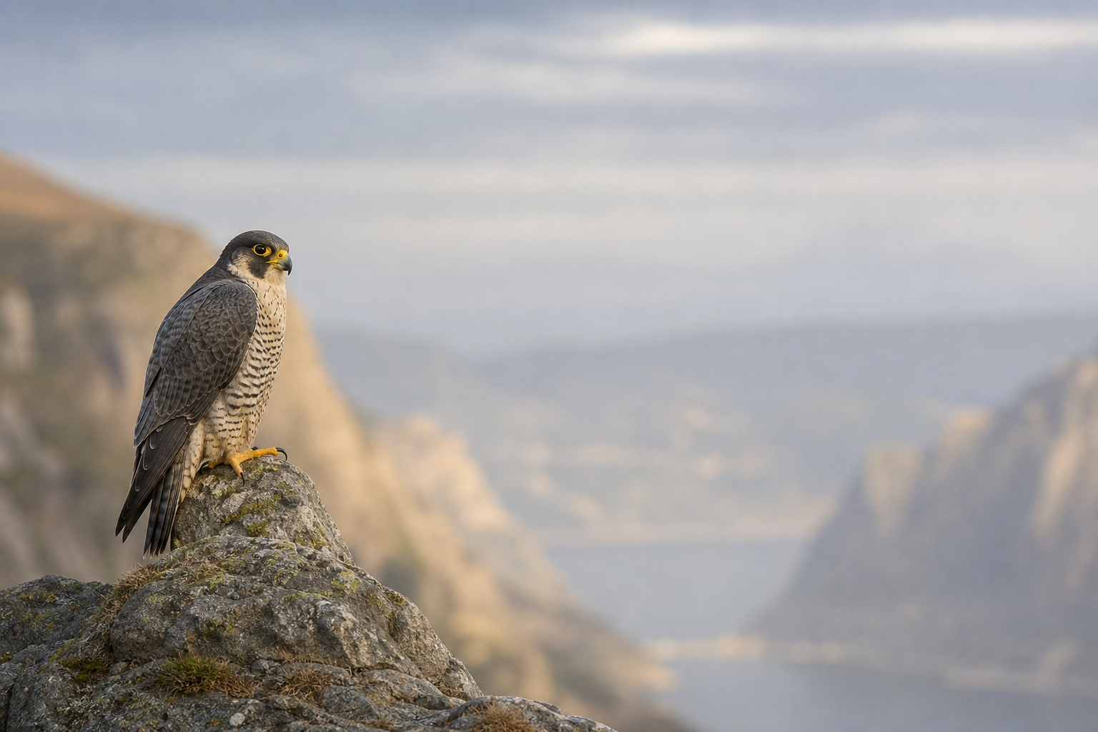 Peregrine falcon perched on a rocky cliff in its natural habitat