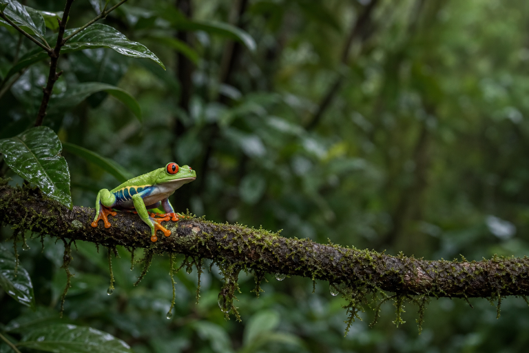 Red-eyed tree frog resting on a mossy rainforest branch
