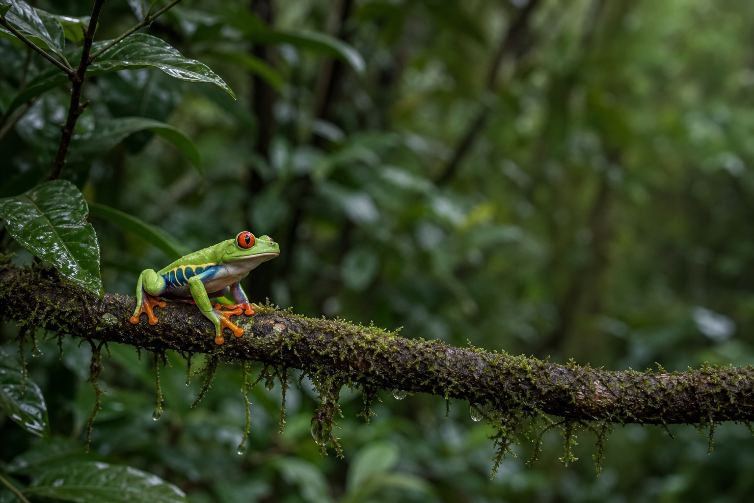 Red-eyed tree frog resting on a mossy rainforest branch