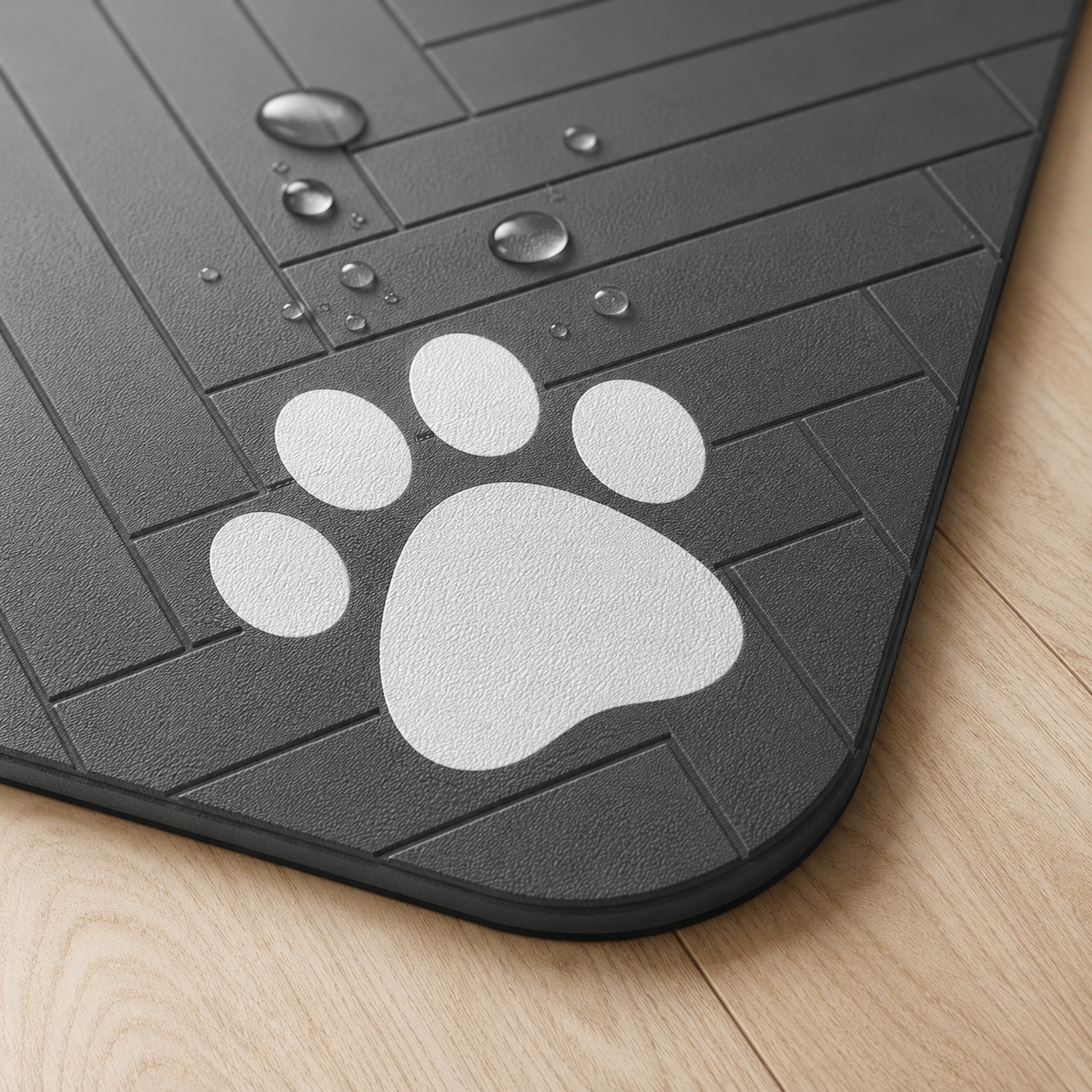 Close-up of water droplets on the black absorbent pet feeding mat